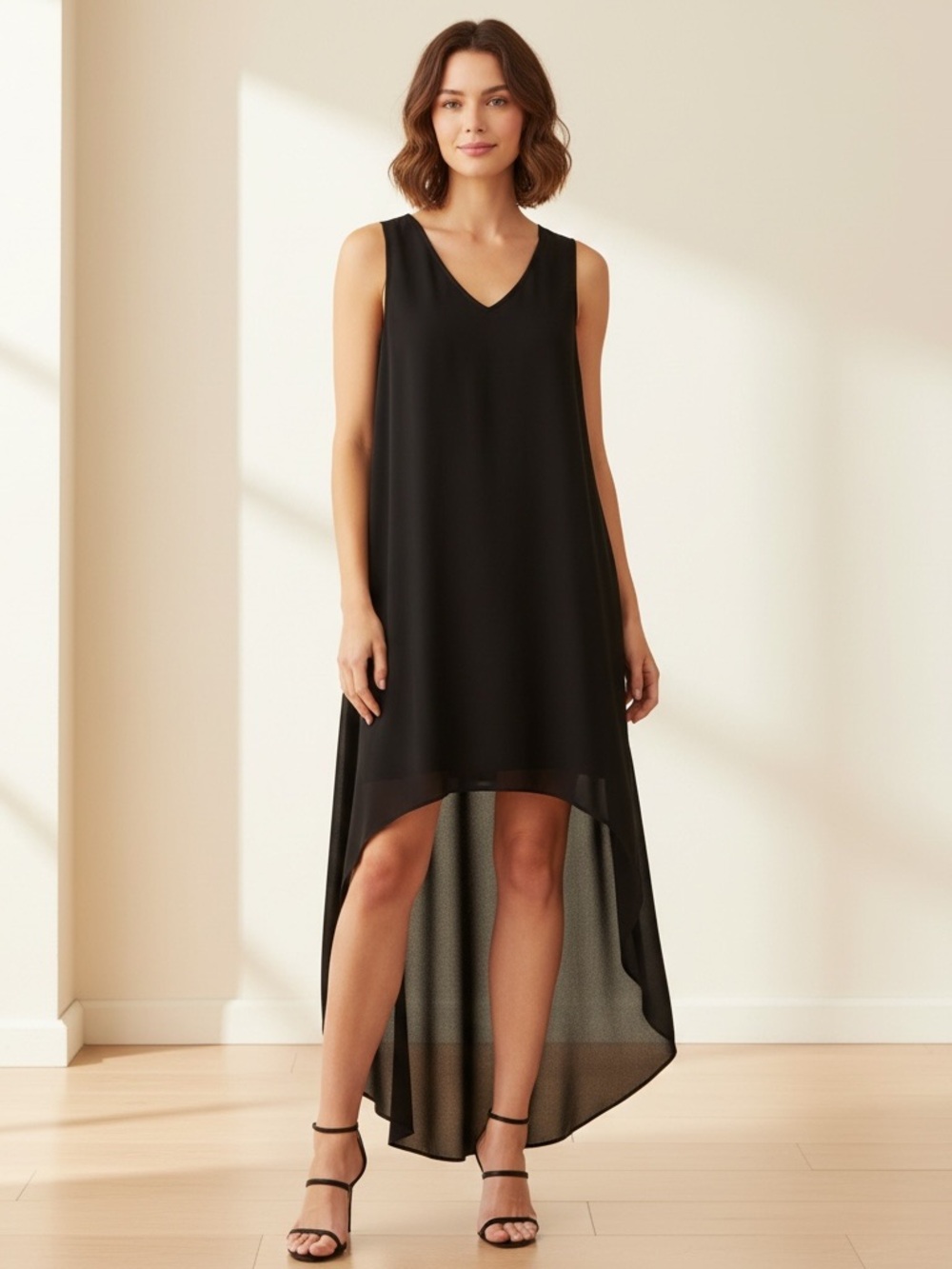 BCBGMaxAzria Black Sleeveless V-Neck Draped Layered Maxi Dress